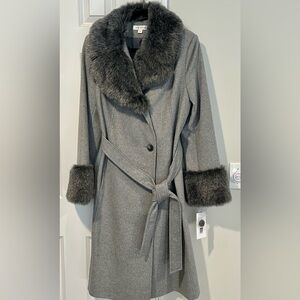 Via Spiga Charcoal Trench Coat with Faux Fur Accents